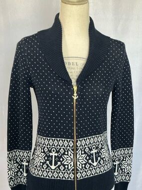 Nautica Navy Anchor Fair Isle Full-Zip Cotton Sweater Small